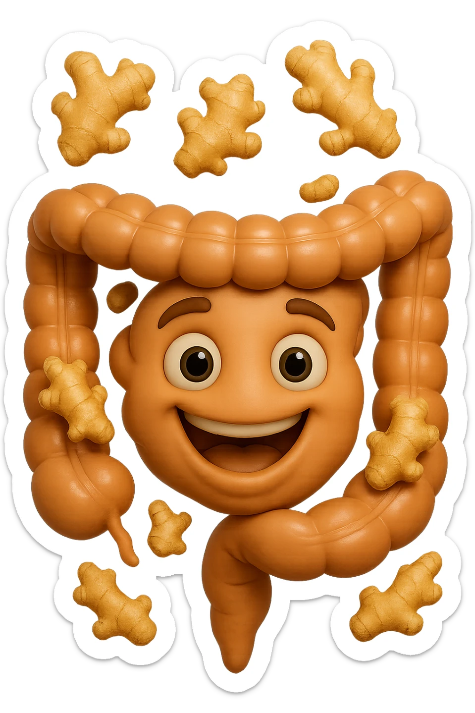 emoji stile iphone 3d di 6 piccoli pezzi di zenzero che fluttuano in aria con pezzi di colon arrotolati intorno, iperrealistico 4k sticker