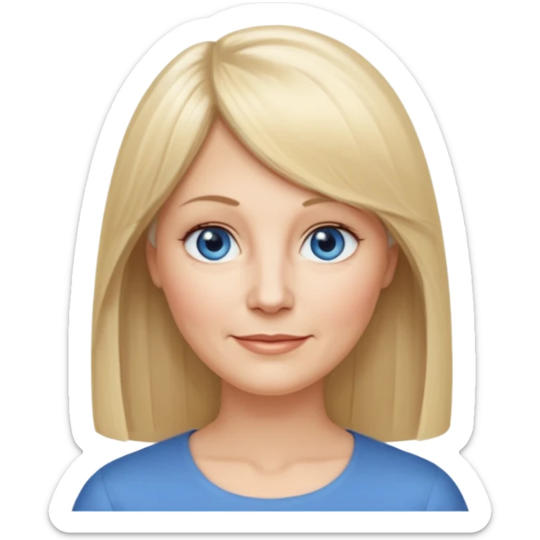 50 yr old white woman, center part bangs, very long straight blond hair, oval face, small smile, blue eyes, thin face, hair downback, hair parted at center of head, round cheeks, pale, longer hair sticker