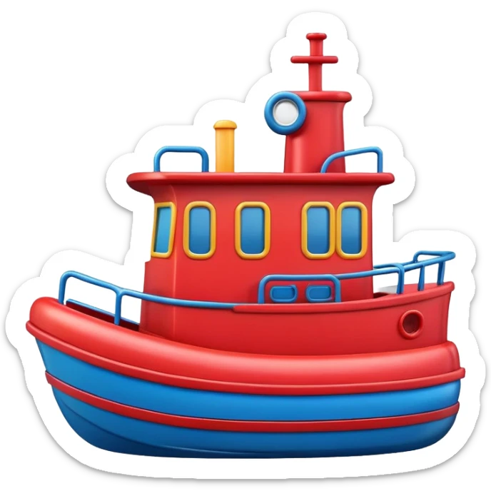 A colorful toy tugboat with a cute cheerful face and a red and blue body sticker