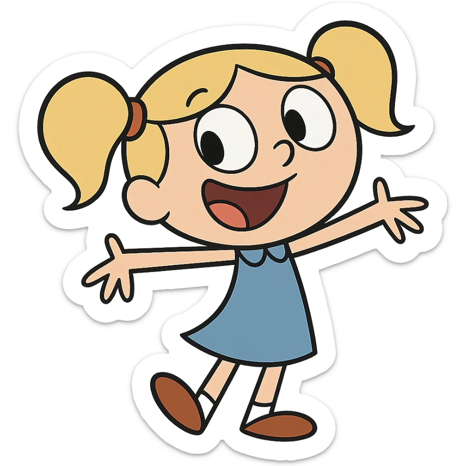 Little Suzy from Johnny Bravo, cheerful girl with pigtails, blue dress, cartoon style sticker