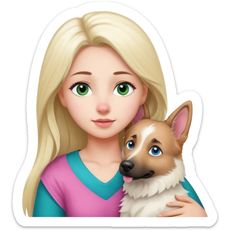 White European young woman with blue-green eyes and long blond hair with her white German Shepherd dog,the Dog hast a pink nose and short fur  and Brown eyes sticker