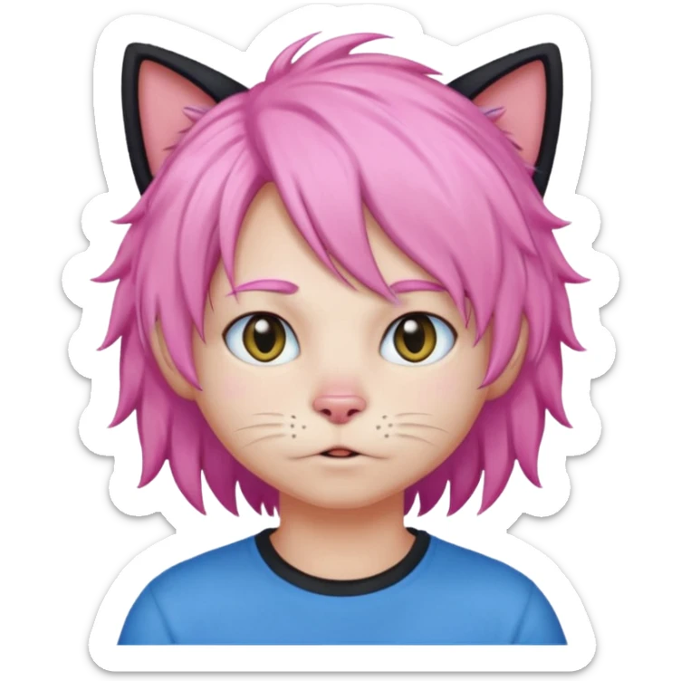 Black cat wearing a male pink hair wig, blue T-shirt sticker