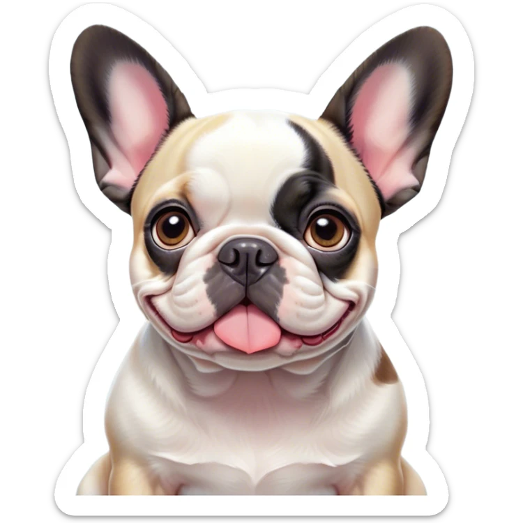 Cinematic Cute Pied French Bulldog Portrait Emoji, Head tilted with a sweet, mischievous grin and large, inviting eyes, featuring a unique pied fur of contrasting colors, simplified yet irresistibly endearing, highly detailed, glowing with a warm, playful radiance, high shine, exuding a quirky charm and affectionate personality, styled with a soft, lighthearted outline, capturing the essence of a cute Pied French Bulldog that looks ready to charm its way into your heart! sticker