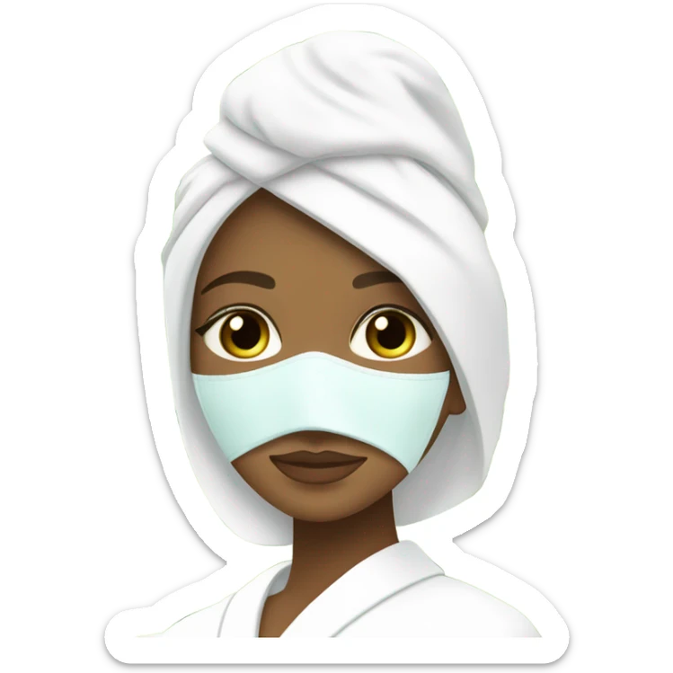 White girl with Brown hair and blue eyes wears a Green colored skincare textured mask and puts on cucumbers around her eyes while She relaxes in her white Robe sticker