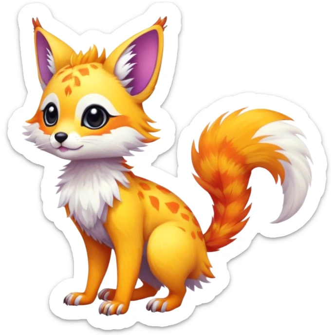 Feral Rare Fantasy vibrant colorful tropical cute, kawaii, cool, ed Vernid-Trico-species by LiLaiRa, random markings, tufted tail, tufted ears, full body, cheek markings sticker