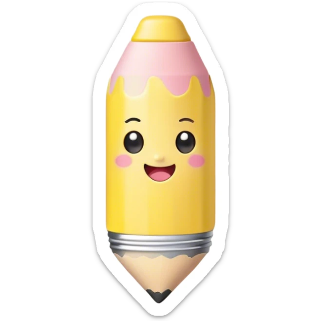 Cute Kawaii Fat Pencil, round and chunky, soft pastel yellow with a cute eraser cap, tiny winking face, glowing highlights, cheerful and ready for doodles! sticker