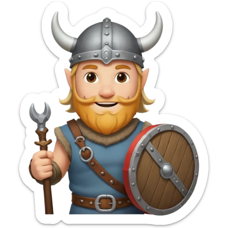 A jovial Viking with round belly, horned helmet, and hearty smile while carrying supplies.
 sticker