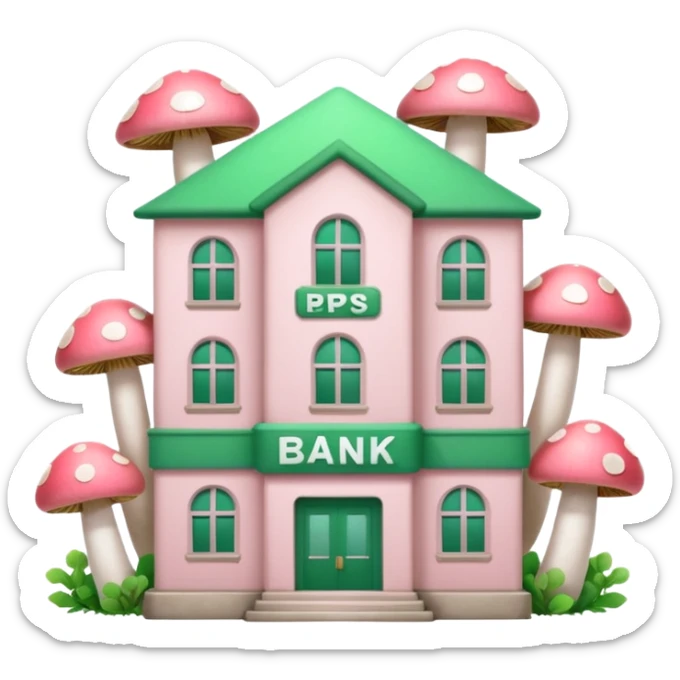 Pale Pink and green cute bank building, mushrooms growing around it , clean aesthetic, two PP letters on it sticker