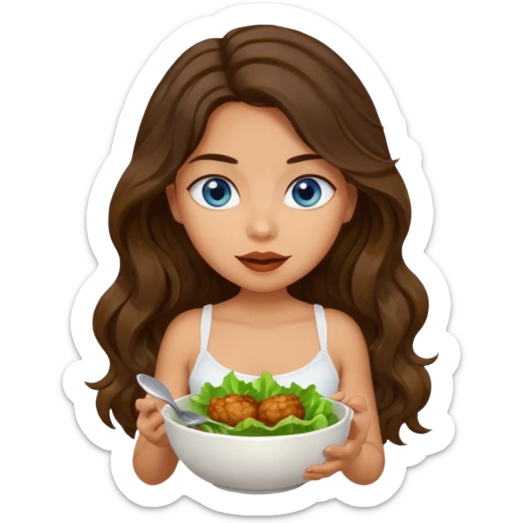 Girl with olive skin, blue eyes, brown dark insanely wavy long hair, white camisole eating a bowl of lettuce and chicken sticker