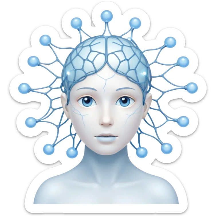 minimalist human figure with luminous cores at head and heart, delicate lines and orbs forming a neural web, soft white-blue light sticker