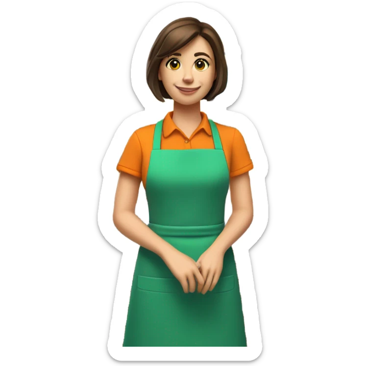 A 3D-rendered, cute and colorful illustration of a cashier standing behind a checkout counter. The cashier is a smiling young woman with short brown hair, wearing an orange shirt and a green apron. She has a friendly and welcoming facial expression. The counter is modern and vibrant, designed with rounded edges, featuring a yellow countertop, blue panels, and cylindrical yellow legs. A small, orange POS terminal (cash register screen) is placed on the counter. The background is neutral, clean, and minimalistic. The art style is soft and polished, resembling high-quality 3D plastic figures with smooth textures and a slightly glossy finish. The lighting is soft and evenly distributed, creating a warm and inviting atmosphere. The scene looks cheerful and professional, ideal for illustrating retail and service industry concepts sticker