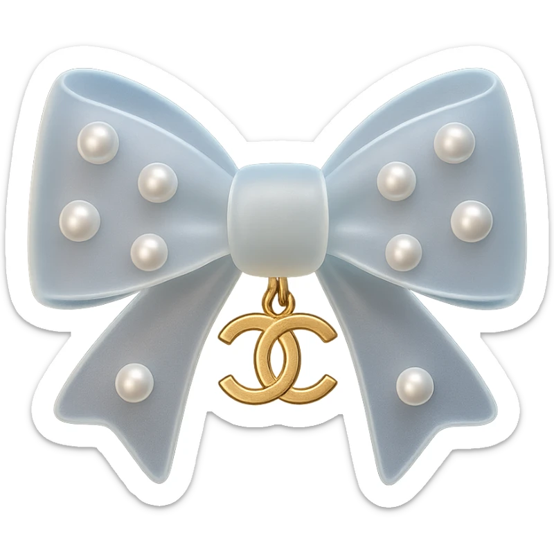 elegant bow with pearls and gold Chanel logo, glossy, pastel colors sticker