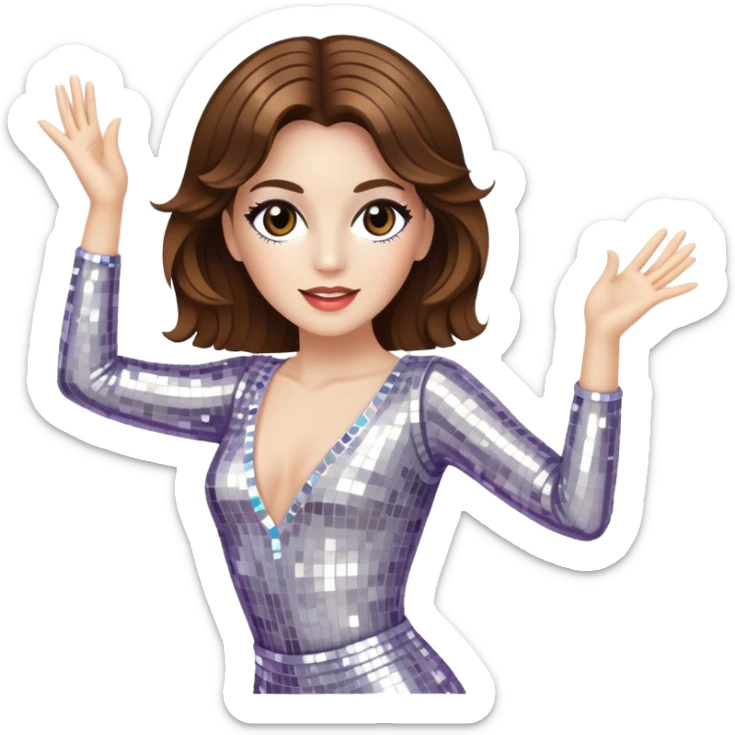 woman with white skin and brown hair disco dancing wearing a sparkly outfit sticker