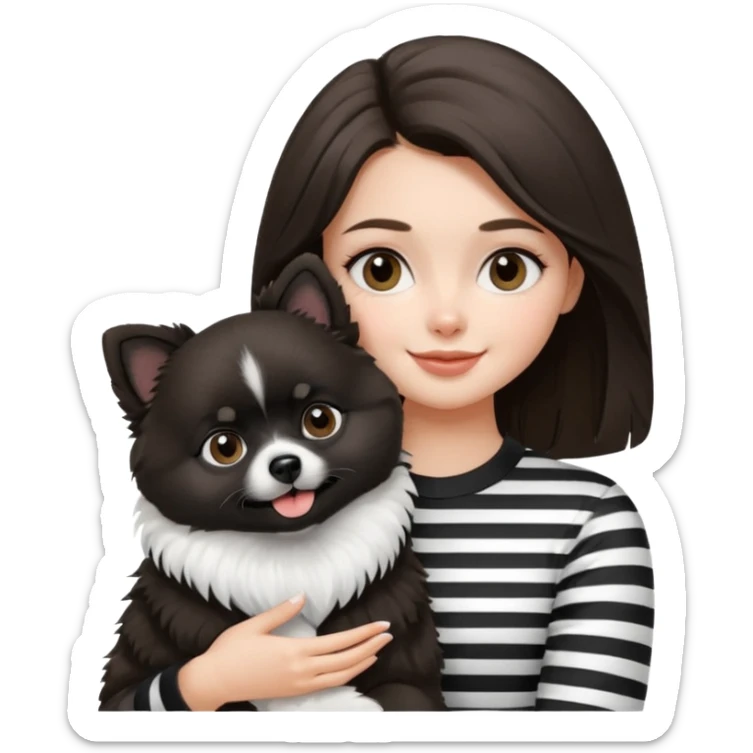 an brunette hair girl holding her black and white pomeranian dog that has white middle part in the face kinda looks like a panda sticker