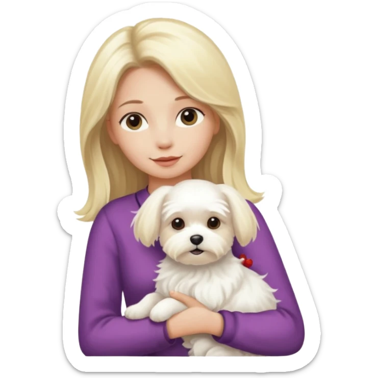 birthday woman with long blonde hair is holding a Maltese dog sticker