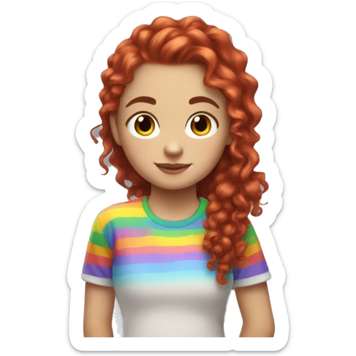 a white girl with long red curly hair in a pony tail with rainbow shirt being cute sticker