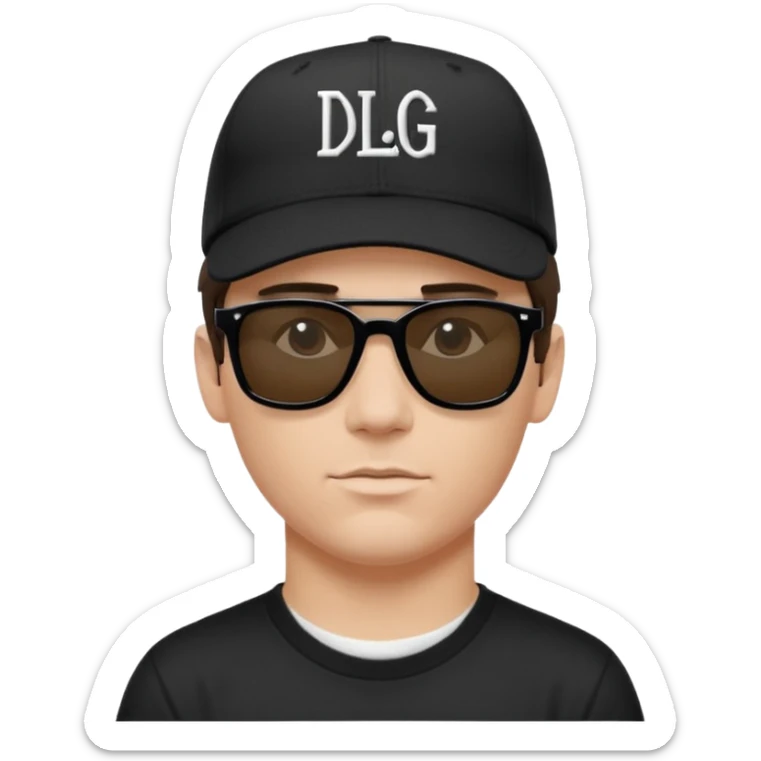 Emoji of a white man with short dark brown hair under a black baseball cap, wearing a black t‑shirt and 1980s‑style black Ray‑Ban rectangle sunglasses black lenses, with black musical notes floating around his head,  word "DLG" written on the hat sticker