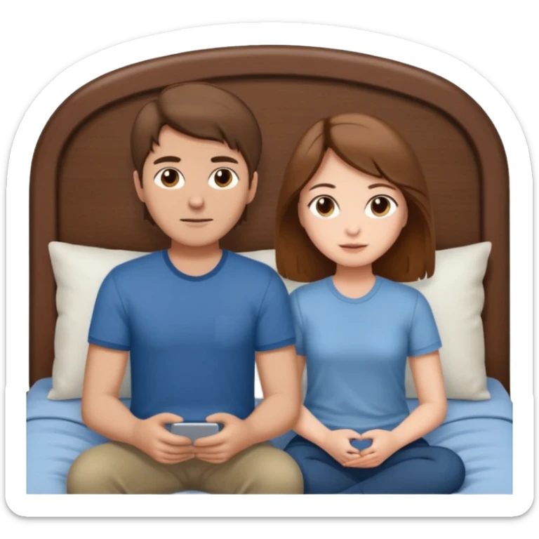 A brown-haired girl and a brown-haired man. They are both on a bed. The girl is sitting on the man. sticker