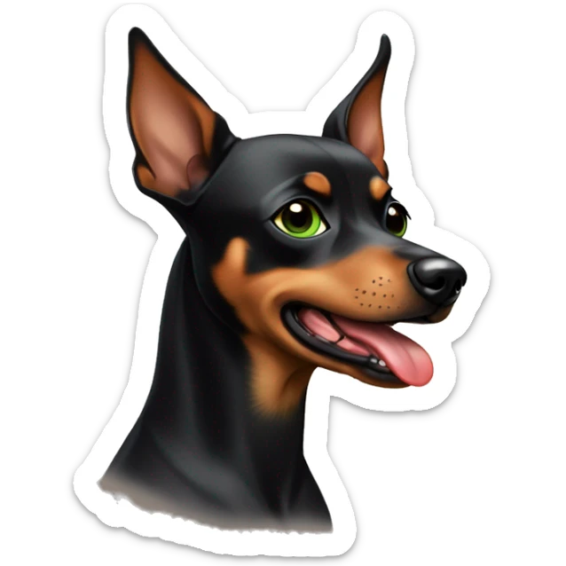 A girl with dark short square hair, green eyes and red lips with a brown Zwing Pinscher dog with a black gradient on her back with her tongue sticking out sticker