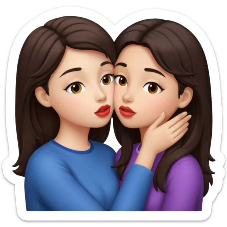 A girl kisses her friend The girls' hair color is dark brown.  sticker
