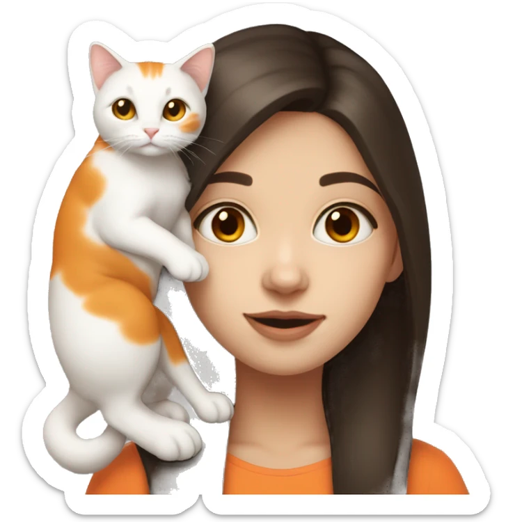 Girl with dark brown hair and white skin holding orange and white cat   sticker