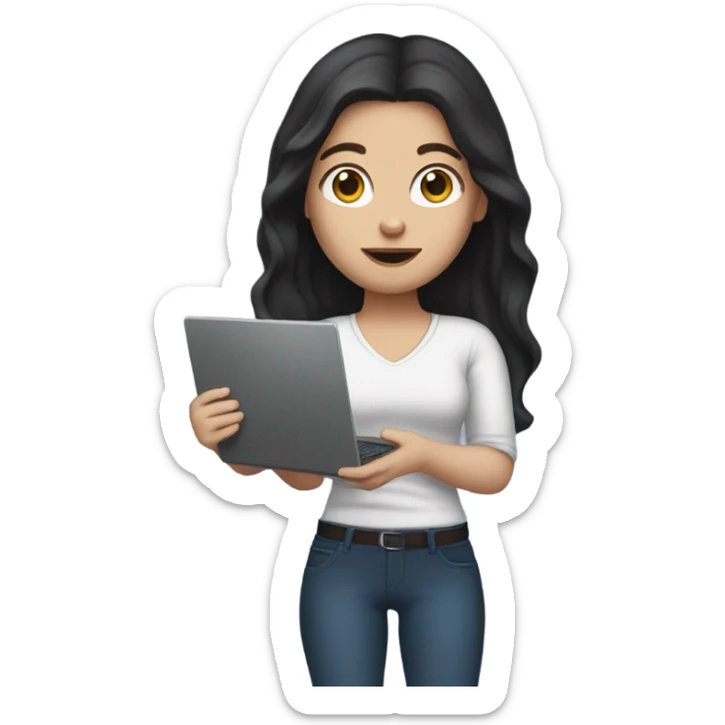 white girl with dark long hair holding a laptop in her hands sticker