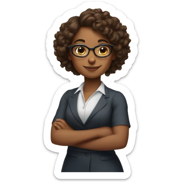 Brown girl with curly brown hair wearing glasses and arms folded, smiling, wearing professional dress sticker
