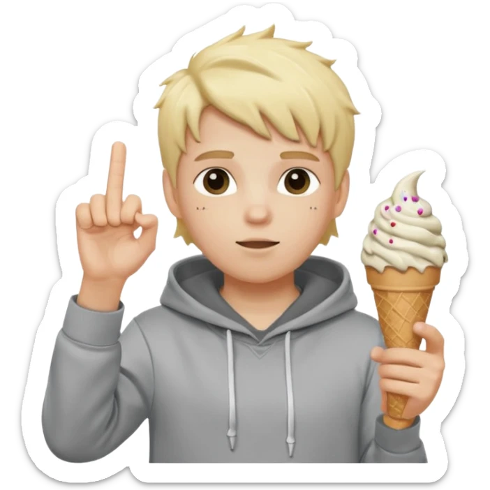 a white kid with a ice cream hairstyle blone hair with a grey hoodie and his above his hands saying 67 one 6 on 1 hand 7 on the other sticker