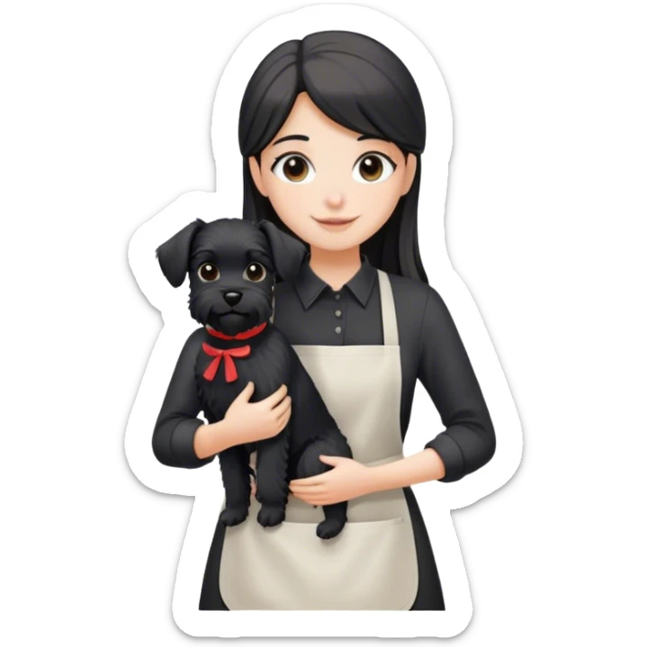 pale smiling girl with long back hair wearing black long shirt wearing apron holding black  schnauzer sticker