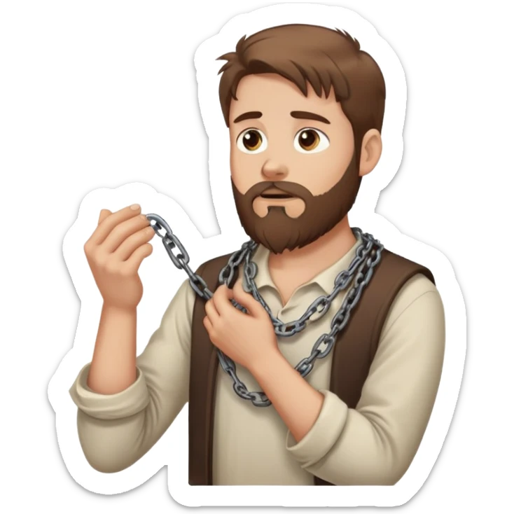 White man with brown hair and beard with anxiety and begging. holding a chain in his hands. profile view sticker