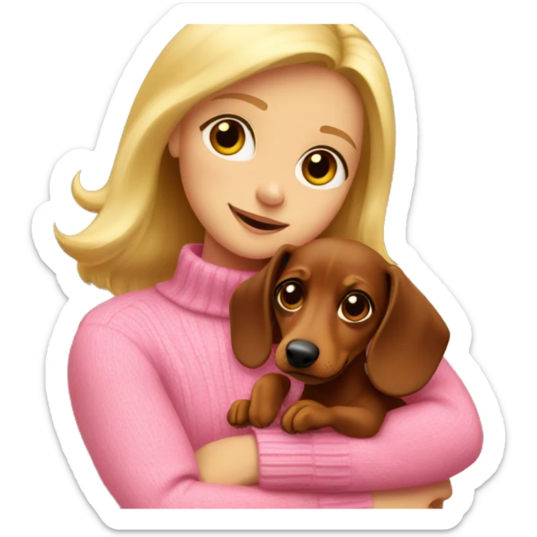 A blonde girl in a pink sweater hugs a brown dachshund sticker