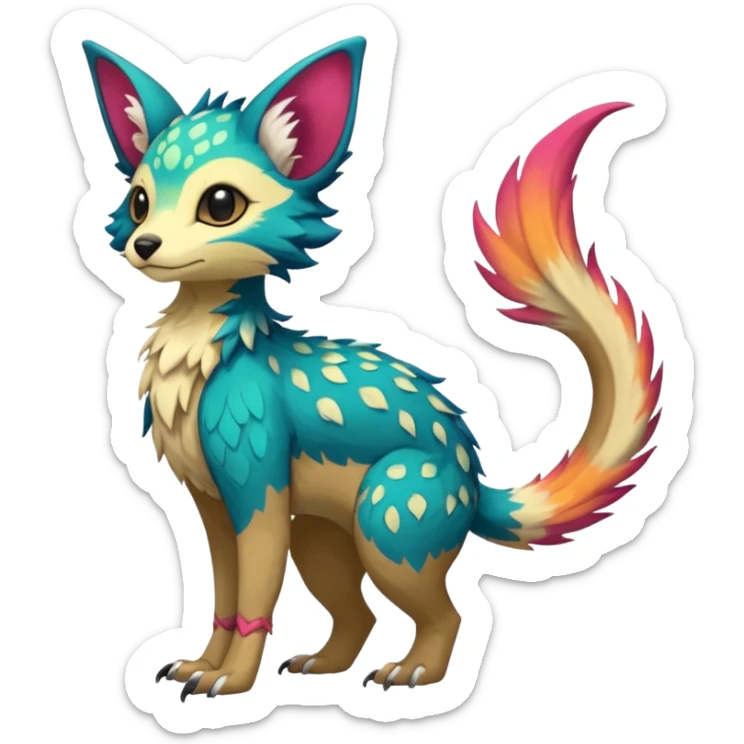 Feral Rare Fantasy colorful vibrant Vernid-Trico-species-Fakemon-creature by LiLaiRa, random markings, tufted tail, tufted ears, full body sticker