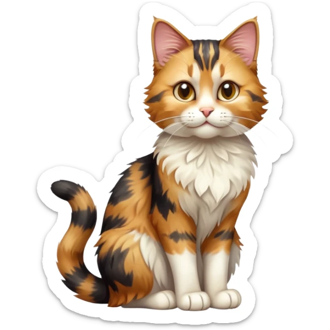 cinematic-[calico tabby cat]-realistic-full-body-sitting-emoji,-tail-curled-playfully-around-its-paws,-head-tilted-dramatically,-scruffy-[calico]-fur,-simplified-yet-realistic-focused-features,-highly-detailed,-glowing-with-an-almost-sarcastic-glow sticker