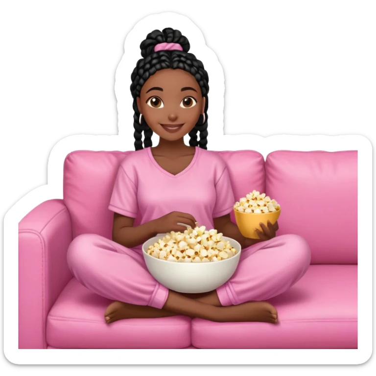 A dark-skinned Black woman with black box braids, holding a large bowl of popcorn in her lap, smiling, wearing comfy loungewear sitting on pink couch. sticker