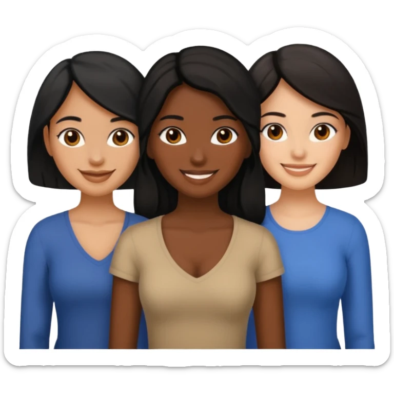 a group of 3 women, one is black, one is asian, one is indian, they all have black hair sticker