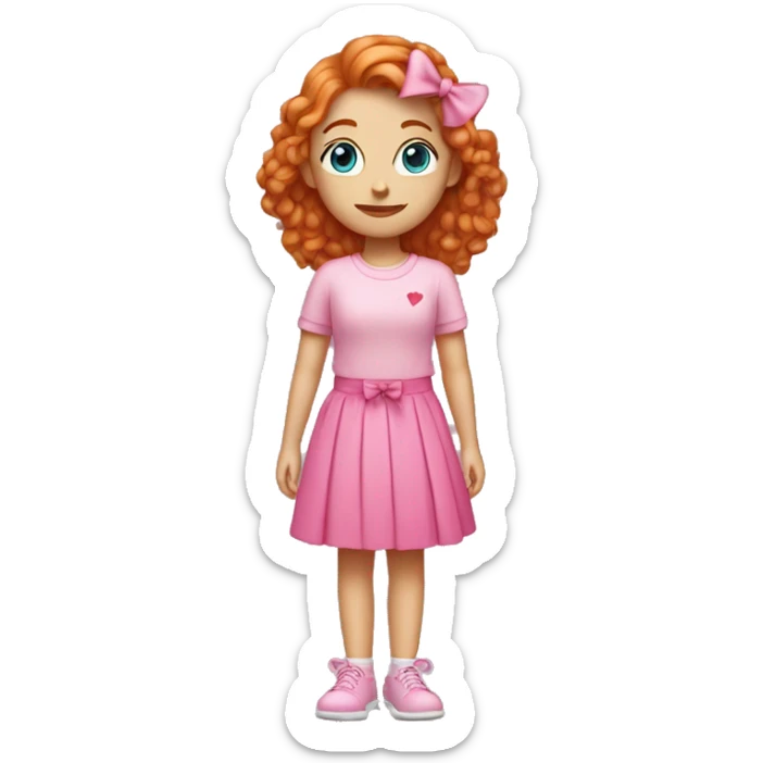 ginger girl with blue eyes holding up heart hands with a pink shirt and a pink skirt with a pink bow sticker