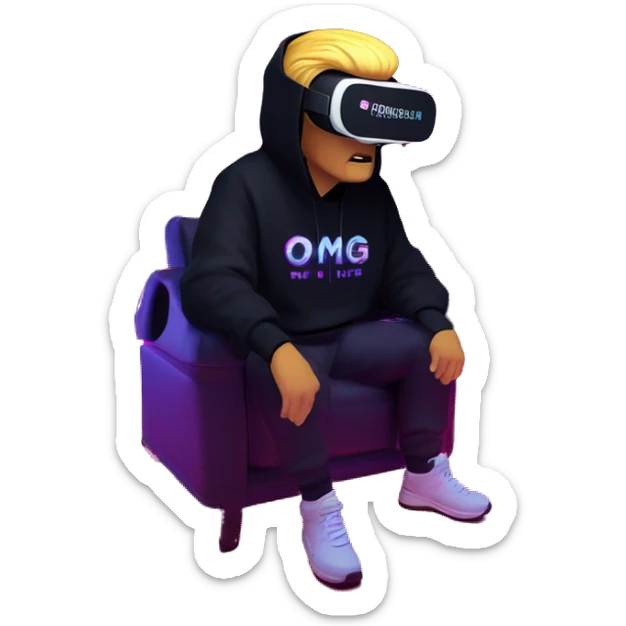 Donald Trump wearing a black hoodie with "OMG" letters on it and VR headset oculus quest 2 in a cyberpunk VR environment with violet neon lighting. sticker