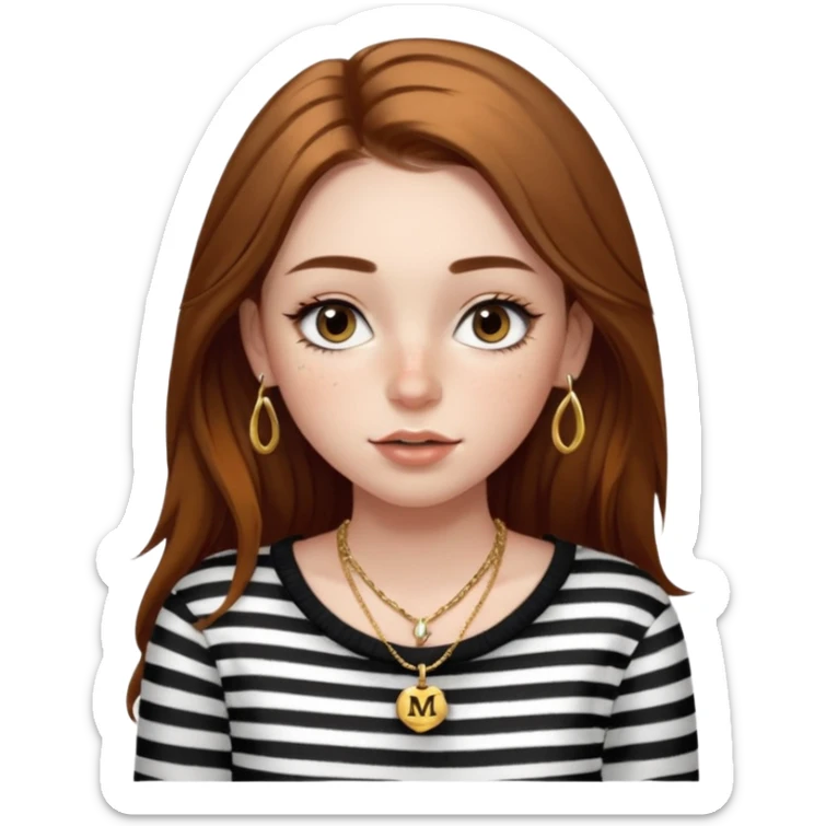 Chica guapa con pecas debajo del labio, pestañas largas con rímel, cejas finas y peludas, pelo marrón medio largo, piercing en la nariz, collar dorado con una "M" y jersey negro de rayas blancas con un hombro descubierto. sticker