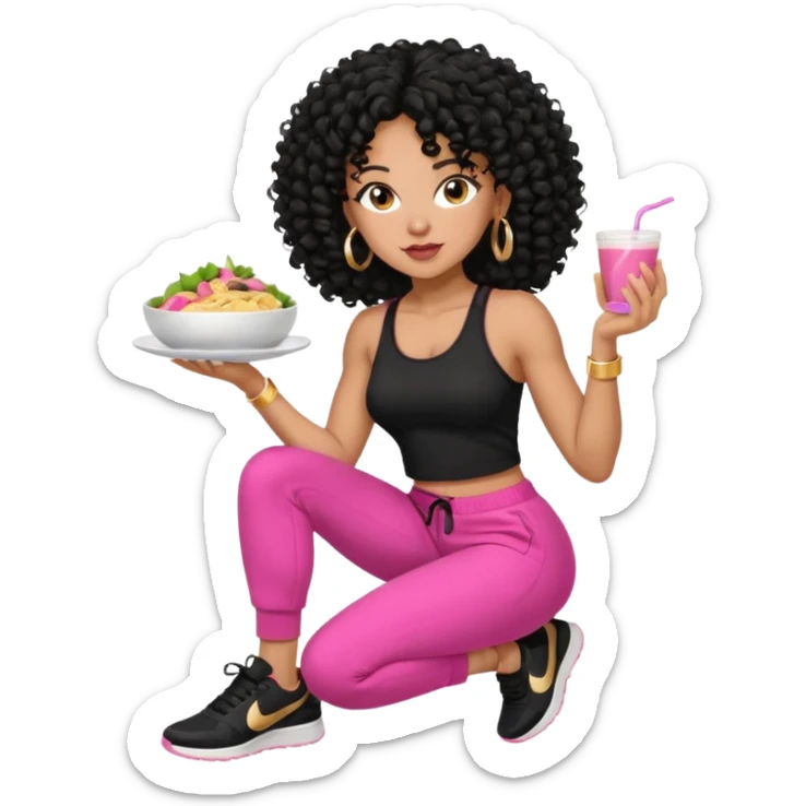 Black woman, adult, 4C black curly hair, dark brown eyes, wearing black top, pink pants, black sneakers, gold hoop earrings comendo fitness sticker