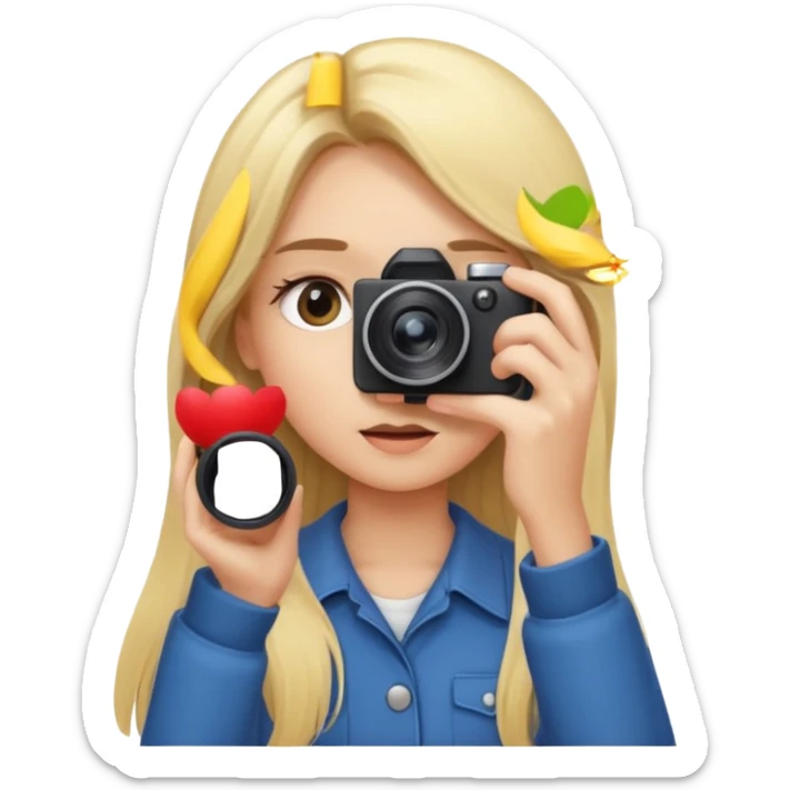 blonde girl photographer cartoon taking picture in middle of taking picture camera in front of face long hair sticker