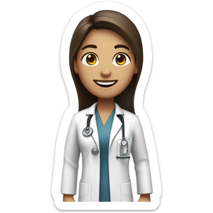 doctor, white skin, long straight hair, brown hair, big smile, female, baggy labcoat sticker