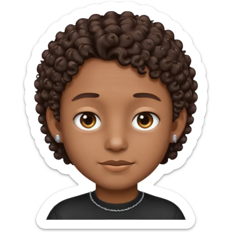a boy emoji with a milk chocolate skin color, short dark brown curly hair with 2 silver stud earrings on both ears and 2 slits on each eyebrow and is wearing a black shirt with a silver necklace  sticker