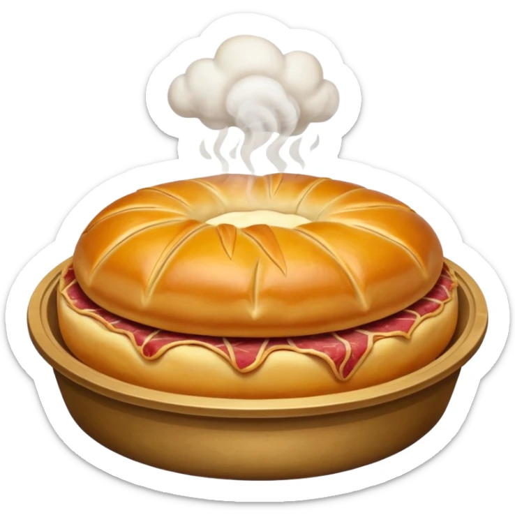 closed round meat esfirra with shiny dough, steam detail coming out sticker