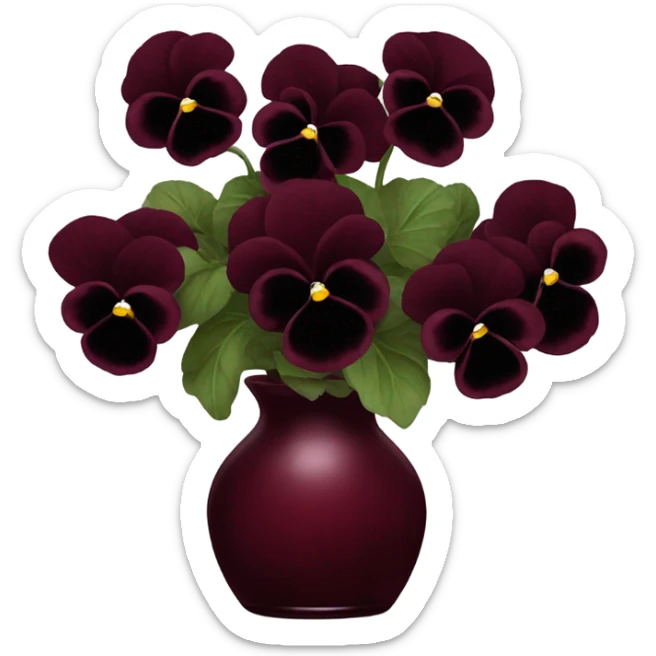 A luxurious deep red glass vase holding a bouquet of dark burgundy pansies sticker