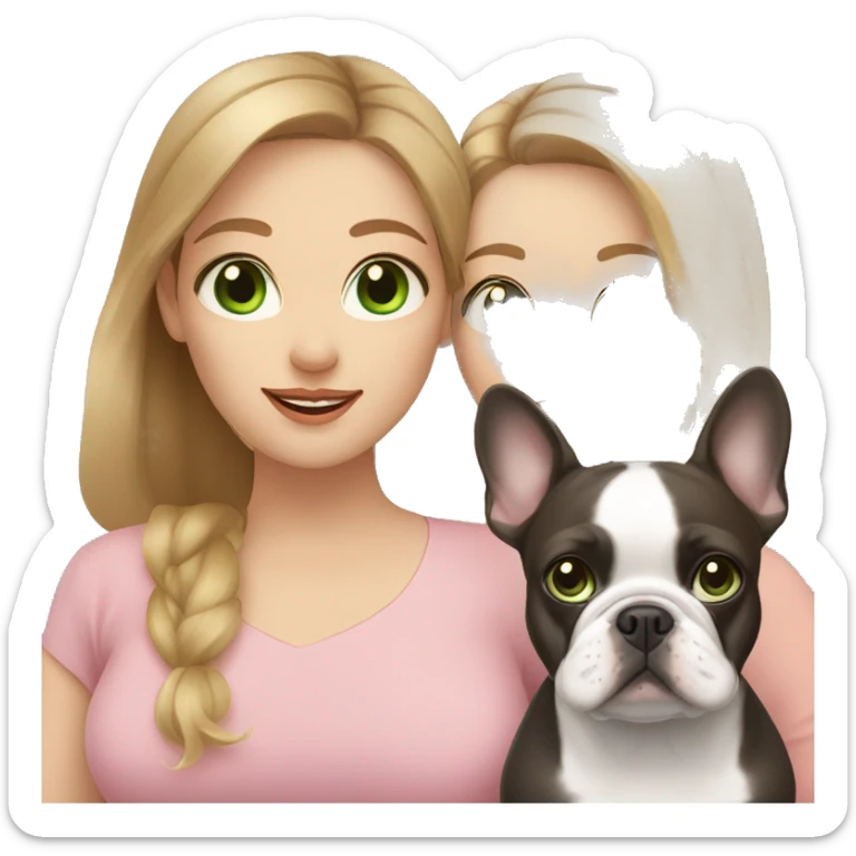 Mom with light brown hair and green eyes, daughter with light brown hair and blue eyes, French bulldog sticker