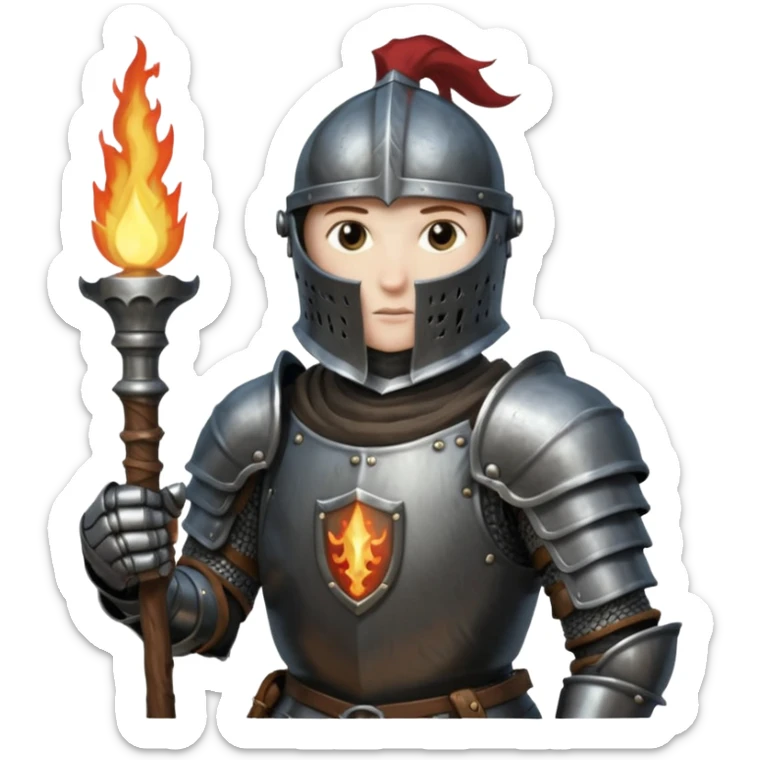 knight holding a short wooden torch in hand wearing darker, realistic iron armor in dark souls style sticker