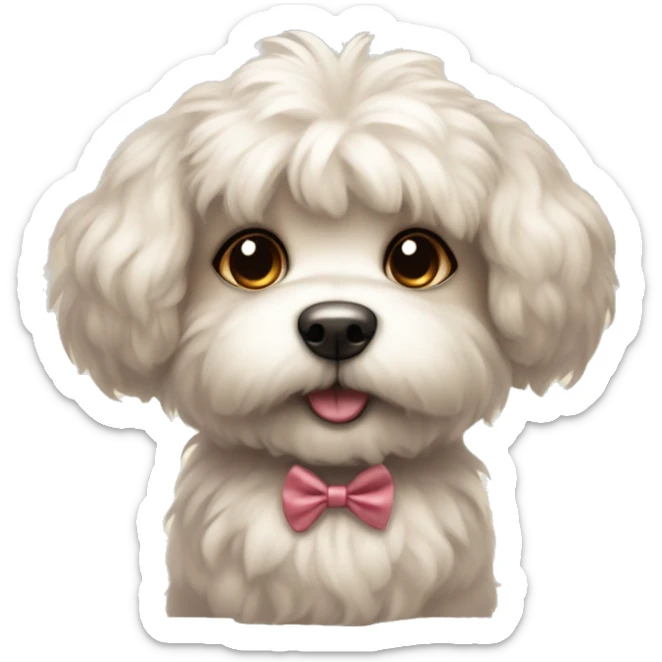A cute little fluffy dog with a little bow an his heat  sticker