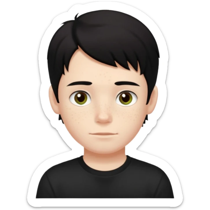 A boy with dark black hair and hazel green and brown eyes and white skin , with freckles and black t shirt with middle part hair  sticker