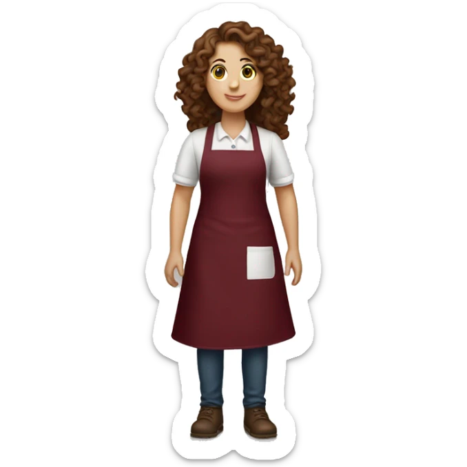 full length white girl with long curly brown hair wearing a burgundy apron sticker