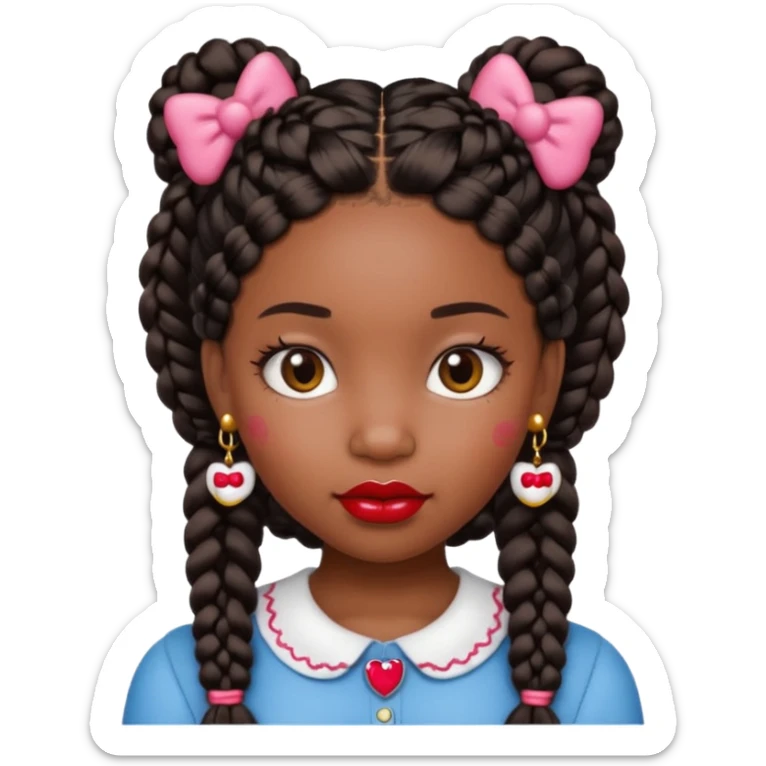 Black girl with braids with red lipstick and hello Kitty earrings sticker